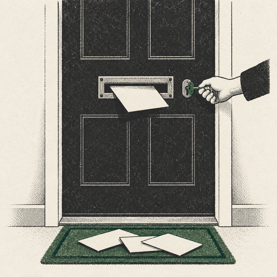 A print of a door with a mail slot. One hand turns the only key while a letter passes through, and other letters lie stopped on the mat.